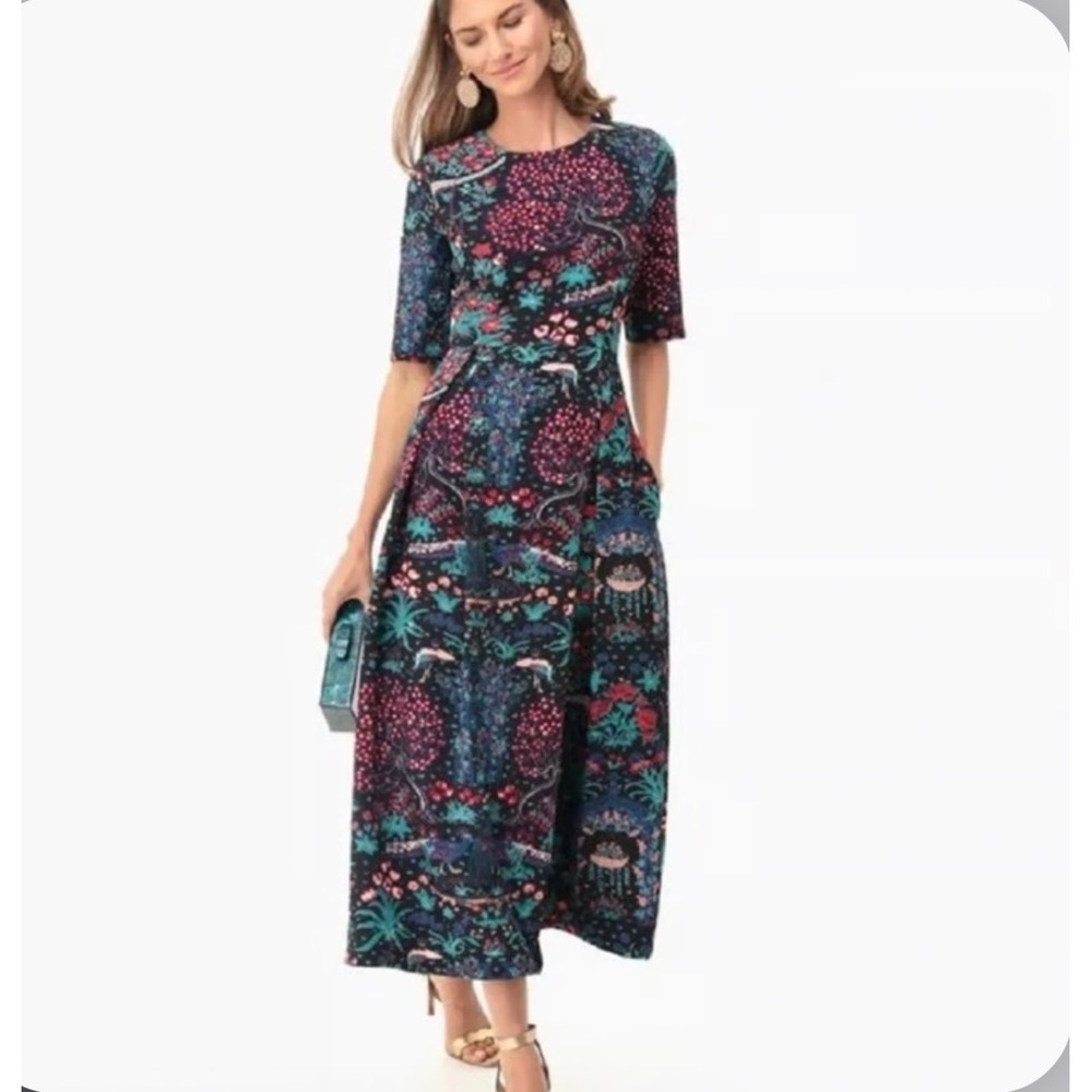NEW Tuckernuck Whimsigoth Midi Tea Dress SmallBlack Peacock Chinoiserie Floral